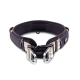 Gepolstertes schwarzes Hundehalsband mit beigem, gestreiftem Gurtband, Metall-Schnellverschluss und „WOLTERS“-Logo.