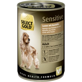 Dosen-Hundefutter mit der Aufschrift 'Select Gold Sensitive', das Lamm und Kartoffeln enthält, mit einem goldenen Cocker Spaniel auf der Vorderseite.