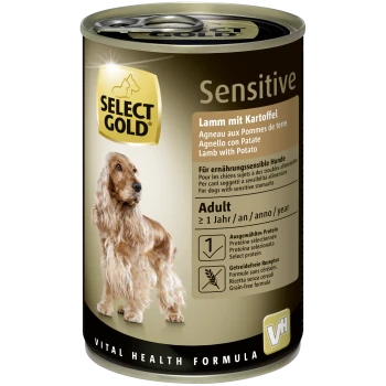 Dosen-Hundefutter mit der Aufschrift 'Select Gold Sensitive', das Lamm und Kartoffeln enthält, mit einem goldenen Cocker Spaniel auf der Vorderseite.