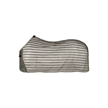 Eine grau-weiße gestreifte Tierdecke oder -abdeckung, entworfen, um über ein Haustier zu passen, mit einer sicheren Befestigung auf einer Seite.