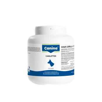 Weißes Glas mit der Aufschrift „Canina Caniletten“, Hundesupplement, Inhalt: 2.000 g, blaues Logo und Hundesilhouette.