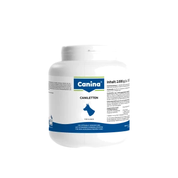 Weißes Glas mit der Aufschrift „Canina Caniletten“, Hundesupplement, Inhalt: 2.000 g, blaues Logo und Hundesilhouette.