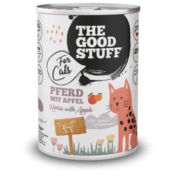 Dose THE GOOD STUFF Katzenfutter mit der Aufschrift PFERD MIT APFEL / Horse with Apple, Zeichentrickkatze und Apfel.