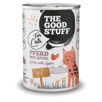 Dose THE GOOD STUFF Katzenfutter mit der Aufschrift PFERD MIT APFEL / Horse with Apple, Zeichentrickkatze und Apfel.