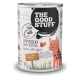 Dose THE GOOD STUFF Katzenfutter mit der Aufschrift PFERD MIT APFEL / Horse with Apple, Zeichentrickkatze und Apfel.