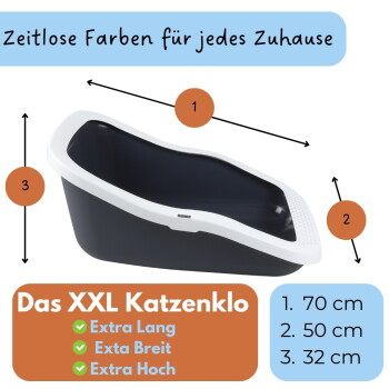 XXL schwarz-weißes Katzenklo; deutscher Text 'Zeitlose Farben für jedes Zuhause', 'Das XXL Katzenklo', Merkmale 'Extra lang, Extra breit, Extra hoch', Maße 70/50/32 cm.