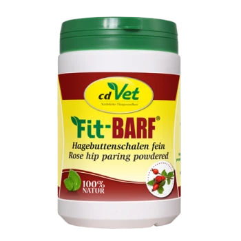 Behälter mit cdVet Fit-BARF Hagebuttenpulver für Haustiere, beschriftet mit "100% Natur" und einem grünen Deckel sowie buntem Design.
