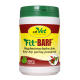 Behälter mit cdVet Fit-BARF Hagebuttenpulver für Haustiere, beschriftet mit "100% Natur" und einem grünen Deckel sowie buntem Design.