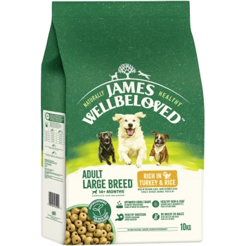 James Wellbeloved Adult Large Breed Hundefutterbeutel, reich an Truthahn & Reis, 10 kg, mit Bildern von drei Hunden.
