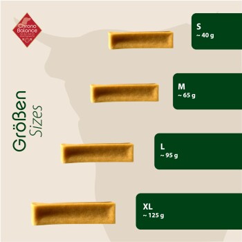 Bild zeigt verschiedene Größen von Haustierleckerlis, beschriftet mit S (40g), M (65g), L (95g) und XL (125g) auf einem hellen Hintergrund.