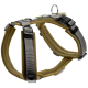 Ein strapazierfähiges Hundegeschirr in Beige und Grau, mit verstellbaren Riemen, einem gepolsterten Design für Komfort und einem Metall-D-Ring zur Leinenbefestigung.