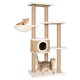 Ein mehrstöckiger Katzenbaum mit zwei Katzen; eine orangefarbene getigerte Katze, die in einer Hängematte liegt, und eine graue getigerte Katze, die die Basis erkundet.