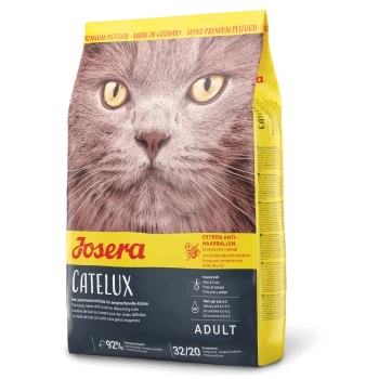 Josera Catelux Adult Katzenfutterbeutel mit großem grauem Katzenkopf, Text 'Josera', 'Catelux', 'ADULT', 'EXTREM ANTI-HAARBALLEN'.