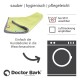 Grüne Haustierdecke von Doctor Bark, maschinenwaschbar bis 95°C, Lufttrocknung empfohlen, mit Textanweisungen auf Deutsch.