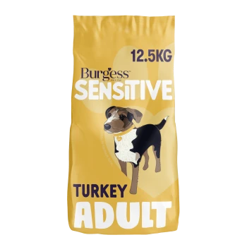 Gelbe 12,5-kg-Tüte ‚Burgess Sensitive Turkey Adult‘ Hundefutter mit einer Cartoon-Hundeillustration.