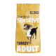 Gelbe 12,5-kg-Tüte ‚Burgess Sensitive Turkey Adult‘ Hundefutter mit einer Cartoon-Hundeillustration.