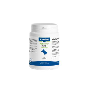 Weißes Glas mit Canina PETVITAL GAG Tabletten für Hunde; Etikett zeigt „Canina“, „PETVITAL GAG TABLETTEN“, „Inhalt: 180 g“, „Für Hunde“.