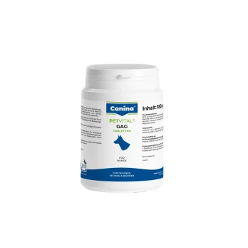 Weißes Glas mit Canina PETVITAL GAG Tabletten für Hunde; Etikett zeigt „Canina“, „PETVITAL GAG TABLETTEN“, „Inhalt: 180 g“, „Für Hunde“.