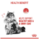 A fluffy cat with a shiny coat sits upright, accompanied by text stating "Helps support healthy skin & a shiny coat" and "Health Benefit."