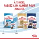 Image de produits alimentaires pour chiens Royal Canin, présentant des formules "Chiot" et "Adulte", avec un message sur la transition vers la nourriture pour adultes à 15 mois.