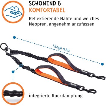 Eine Hundeleine mit reflektierenden Nähten und weichen Neoprengriffen, mit einer Länge von 0,5 m und integrierter Stoßdämpfung.