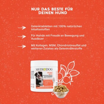 Gelenktabletten für Hunde, 100% natürliche Inhaltsstoffe, mit Kollagen, MSM, Chondroitinsulfat, auf rotem Hintergrund.