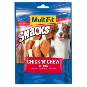 A colorful pet snack package featuring the brand "MultiFit" and the product name "Chick 'n' Chew mit Rind" with a smiling dog.