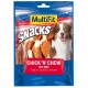 Eine bunte Tierleckerlipackung mit der Marke "MultiFit" und dem Produktnamen "Chick 'n' Chew mit Rind" mit einem lächelnden Hund.