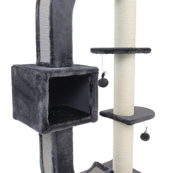 Ein grauer Katzenbaum mit einem gemütlichen, würfelförmigen Versteck, mit Sisal umwickelten Kratzpfosten und hängenden Pom-Pom-Spielzeugen.