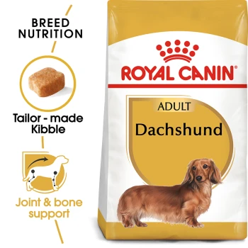Royal Canin Adult Dachshund dog food bag featuring a dachshund illustration, with text highlighting breed nutrition and joint support.