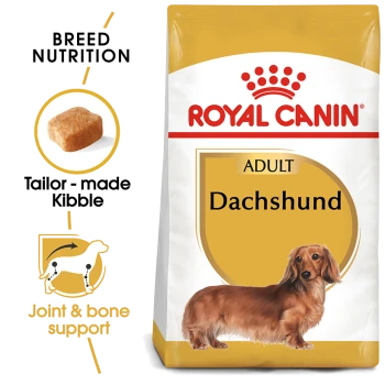 Royal Canin Adult Dachshund dog food bag featuring a dachshund illustration, with text highlighting breed nutrition and joint support.
