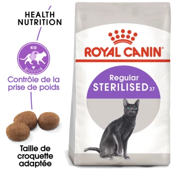 Sac de nourriture pour chats Royal Canin Regular Sterilised avec une illustration de chat noir, avec un texte mettant en avant la nutrition santé et le contrôle du poids.