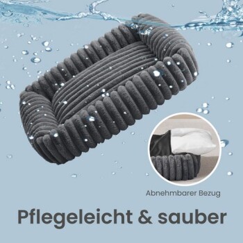 Graues, geripptes Haustierbett mit Wasserspritzern; Einsatzbild zeigt abnehmbaren Bezug. Sichtbarer Text: Abnehmbarer Bezug, Pflegeleicht & sauber.
