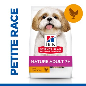 Nourriture pour chien Hill's Science Plan pour adultes matures 7+, avec un Shih Tzu sur l'emballage, avec du poulet comme ingrédient principal.
