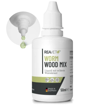 Flasche REAVET Wurmholz-Mix, ein 50 ml flüssiges Ergänzungsmittel für Haustiere, mit einer Tropferspitze und grünem Flüssigkeit sichtbar.
