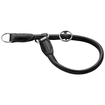 Schwarzes Leder-Hundehalsband mit Metallringen und Nähdetails, mit dem Markennamen 'HUNTER' auf einem Lederetikett.