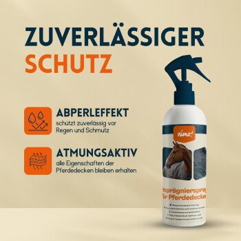 Imprägnierspray für Pferdedecken in einer weißen Sprühflasche, mit dem Text "Zuverlässiger Schutz", "Abperleffekt" und "Atmungsaktiv".