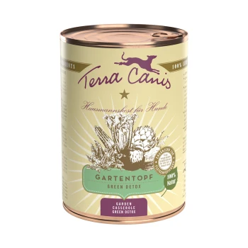 Dose mit Terra Canis Hundefutter, beschriftet mit "Gartentopf Green Detox", mit Illustrationen von Gemüse, mit Text, der 100% natürliche Zutaten angibt.