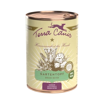 Dose mit Terra Canis Hundefutter, beschriftet mit "Gartentopf Green Detox", mit Illustrationen von Gemüse, mit Text, der 100% natürliche Zutaten angibt.