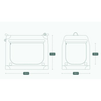 Illustration von zwei Tragetaschen für Haustiere mit den Abmessungen: 63 cm x 51 cm und 48 cm x 30 cm, mit Reißverschlüssen und Griffen.