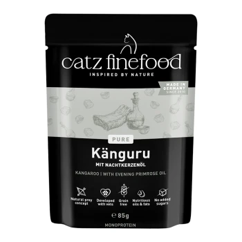 Catz Finefood Pure Kangaroo Katzenfutter mit Nachtkerzenöl, getreidefrei, ohne Zuckerzusatz, 85g Beutel, hergestellt in Deutschland.