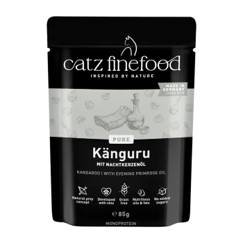 Catz Finefood Pure Kangaroo Katzenfutter mit Nachtkerzenöl, getreidefrei, ohne Zuckerzusatz, 85g Beutel, hergestellt in Deutschland.