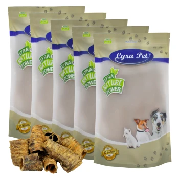 Fünf Tüten Lyra Pet natürliche Hundeleckerlis, mit einem Haufen Leckerlis davor, mit einem Logo und einem '10 Jahre'-Abzeichen.