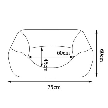 Illustration eines Haustierbettes mit abgemessenen Dimensionen: 75cm Länge, 60cm Breite und 45cm Höhe.