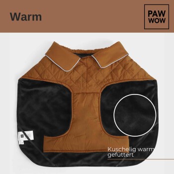 Ein warmer Haustiermantel in Braun und Schwarz, mit einem gesteppten Design und einem Kragen, mit dem Text "Kuschlig warm gefüttert", der anzeigt, dass er gemütlich und warm ist.