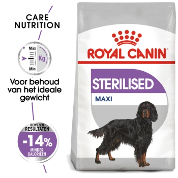Royal Canin Sterilised Maxi hondenvoer zak met een illustratie van een zwarte hond, met nadruk op voeding, gewichtsbehoud, en 14% minder calorieën.