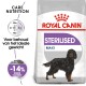 Royal Canin Sterilised Maxi hondenvoer zak met een illustratie van een zwarte hond, met nadruk op voeding, gewichtsbehoud, en 14% minder calorieën.