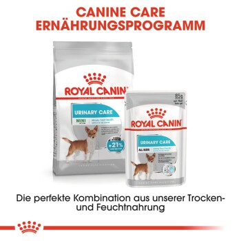 Royal Canin Urinary Care Hundefutterverpackung, mit einem Trockenfutterbeutel für Mini-Hunde und einem Nassfutterbeutel, mit Text zur Förderung der Gesundheit der Harnwege.