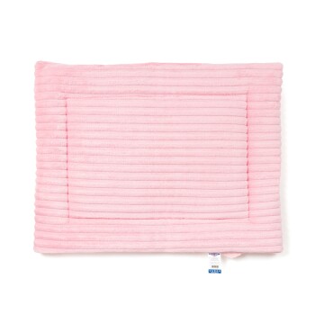 Weiches rosa Haustierbett mit gerippter Textur und einem umrandeten Design, ideal für kleine Tiere.
