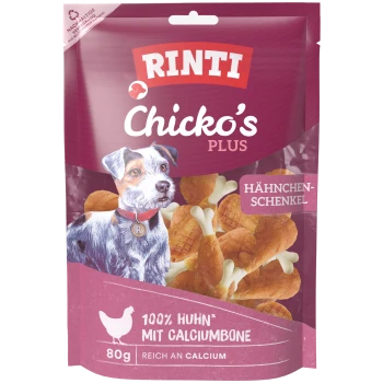 RINTI Chicko's Plus Snackbeutel mit hühnchenkeulenförmigen Leckerlis; sichtbare Aufschriften 'HÄHNCHEN-SCHENKEL' und '100% HUHN'.